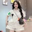 Set bộ jean, đồ bộ nữ chất Jean cá tính áo cài nút cổ bẻ cộc tay form rộng thêu 4 chữ kèm quần short
