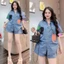 Set bộ jean, đồ bộ nữ chất Jean cá tính áo cài nút cổ bẻ cộc tay form rộng thêu 4 chữ kèm quần short