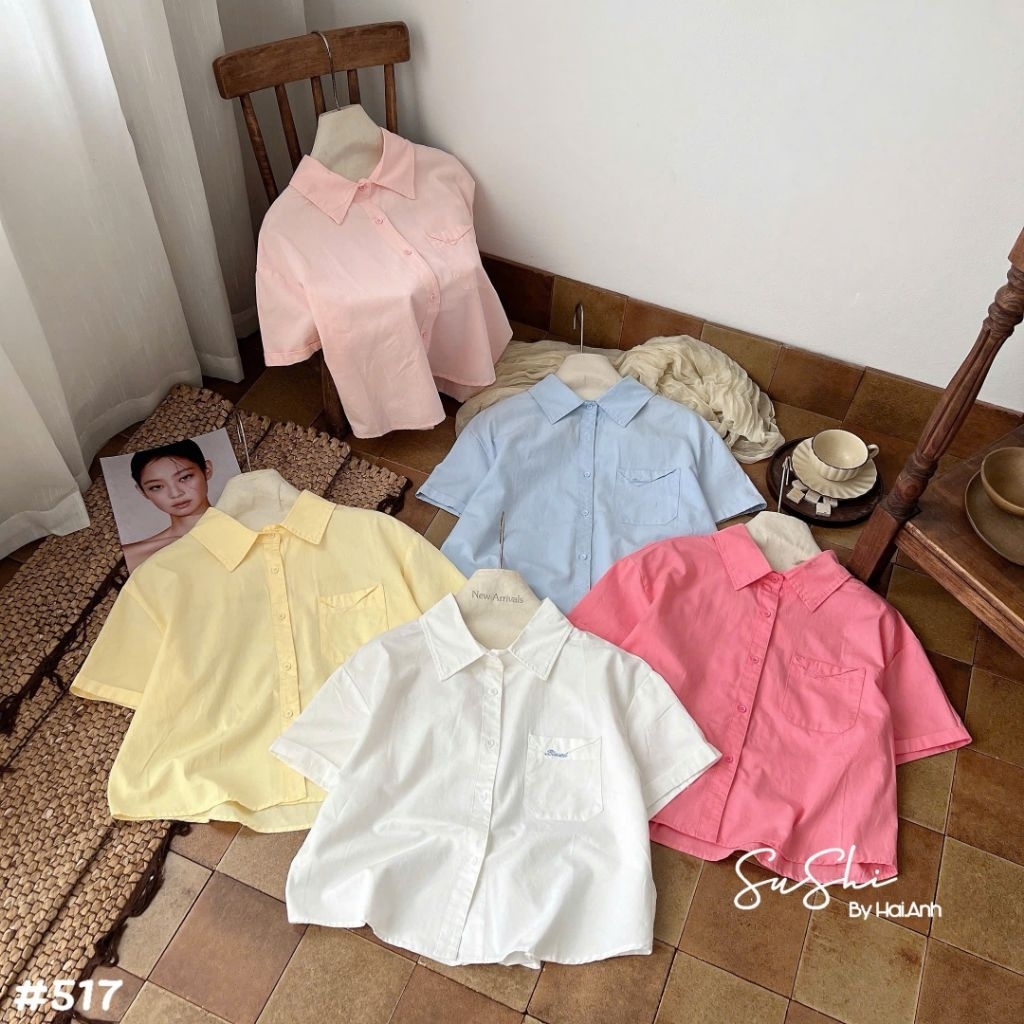 [𝑯𝒂 𝑨𝒏𝒉] Áo Sơ Mi Cộc Túi Chéo Dáng Ngắn QCL1