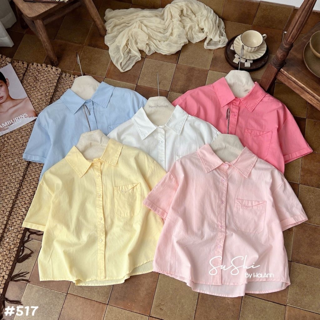 [𝑯𝒂 𝑨𝒏𝒉] Áo Sơ Mi Cộc Túi Chéo Dáng Ngắn QCL1