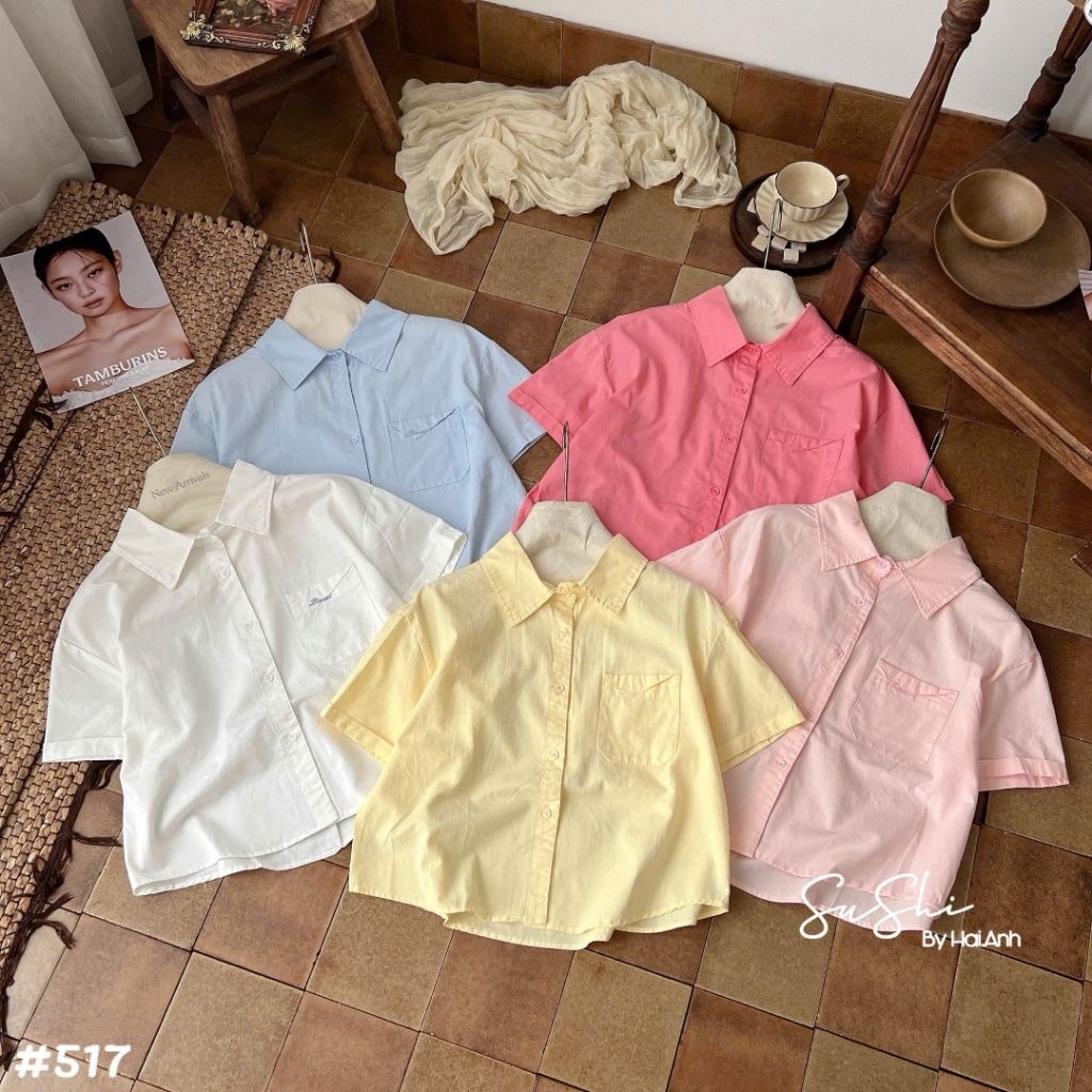 [𝑯𝒂 𝑨𝒏𝒉] Áo Sơ Mi Cộc Túi Chéo Dáng Ngắn QCL1