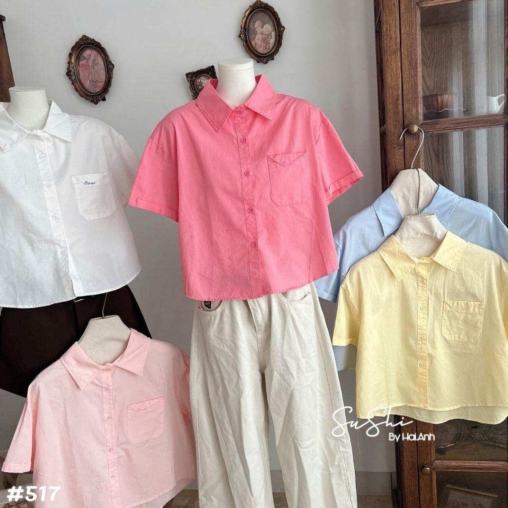 [𝑯𝒂 𝑨𝒏𝒉] Áo Sơ Mi Cộc Túi Chéo Dáng Ngắn QCL1