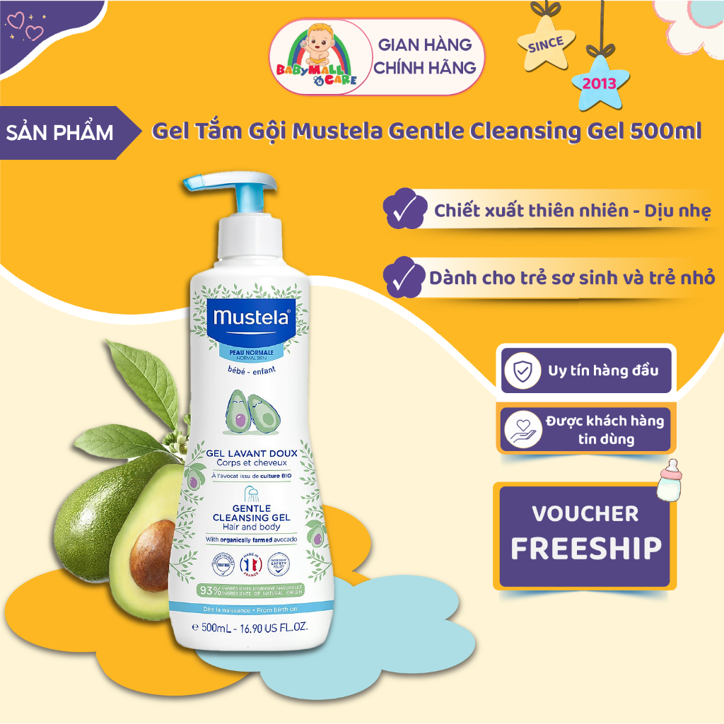 Gel Tắm Gội Mustela Gentle Cleansing Gel Lavant Doux 500ml Tắm Gội Toàn Thân Cho Bé |BabyMall & Care