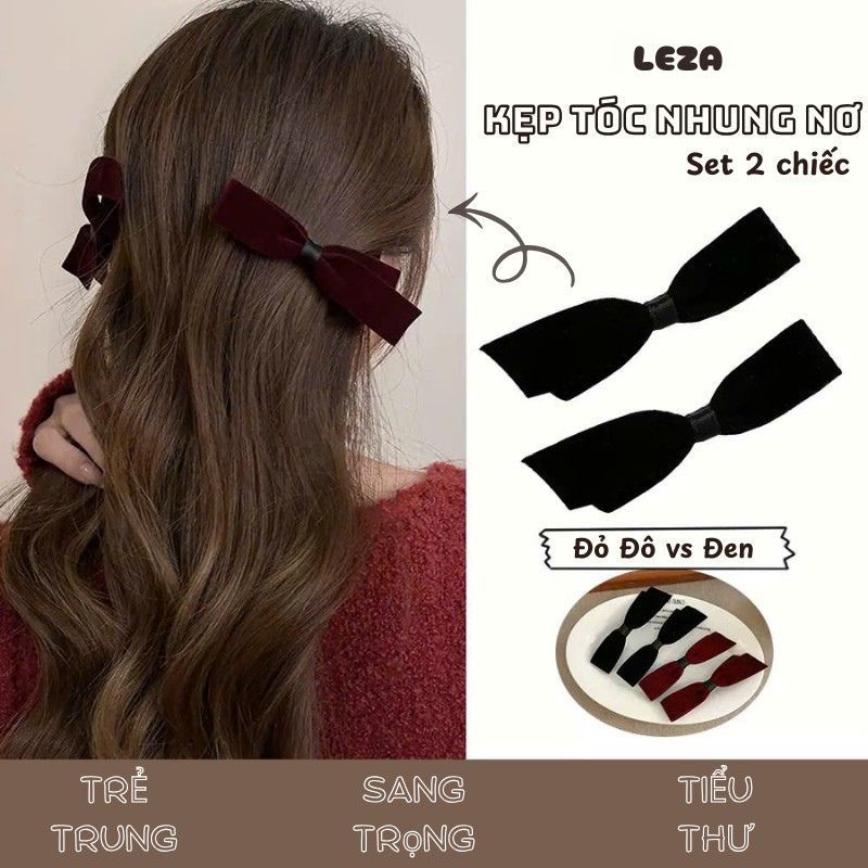 LEZA - Set 2 Kẹp Mái Mỏ Vịt Nơ Nhung, Phong Cách Tiểu Thư Nhẹ Nhàng Xinh Xắn. Phong Cách Hàn Quốc