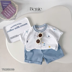 Bộ cotton cộc tay in tràn hoạ tiết summer bé trai, bộ thun cổ tròn phối quần bò cho bé