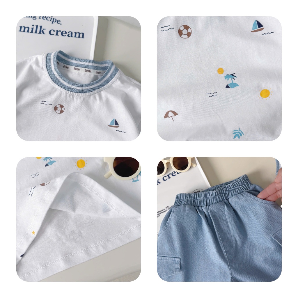 Bộ cotton cộc tay in tràn hoạ tiết summer bé trai, bộ thun cổ tròn phối quần bò cho bé