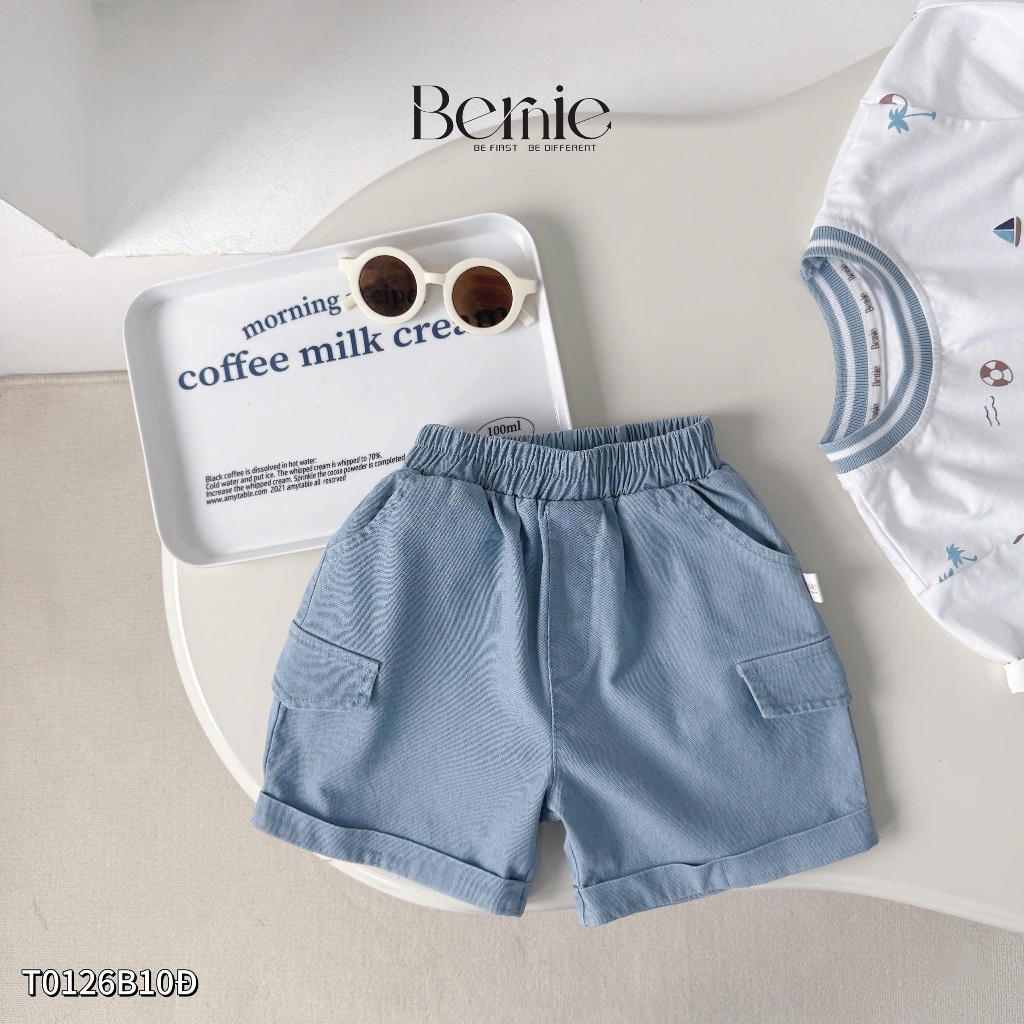 Bộ cotton cộc tay in tràn hoạ tiết summer bé trai, bộ thun cổ tròn phối quần bò cho bé