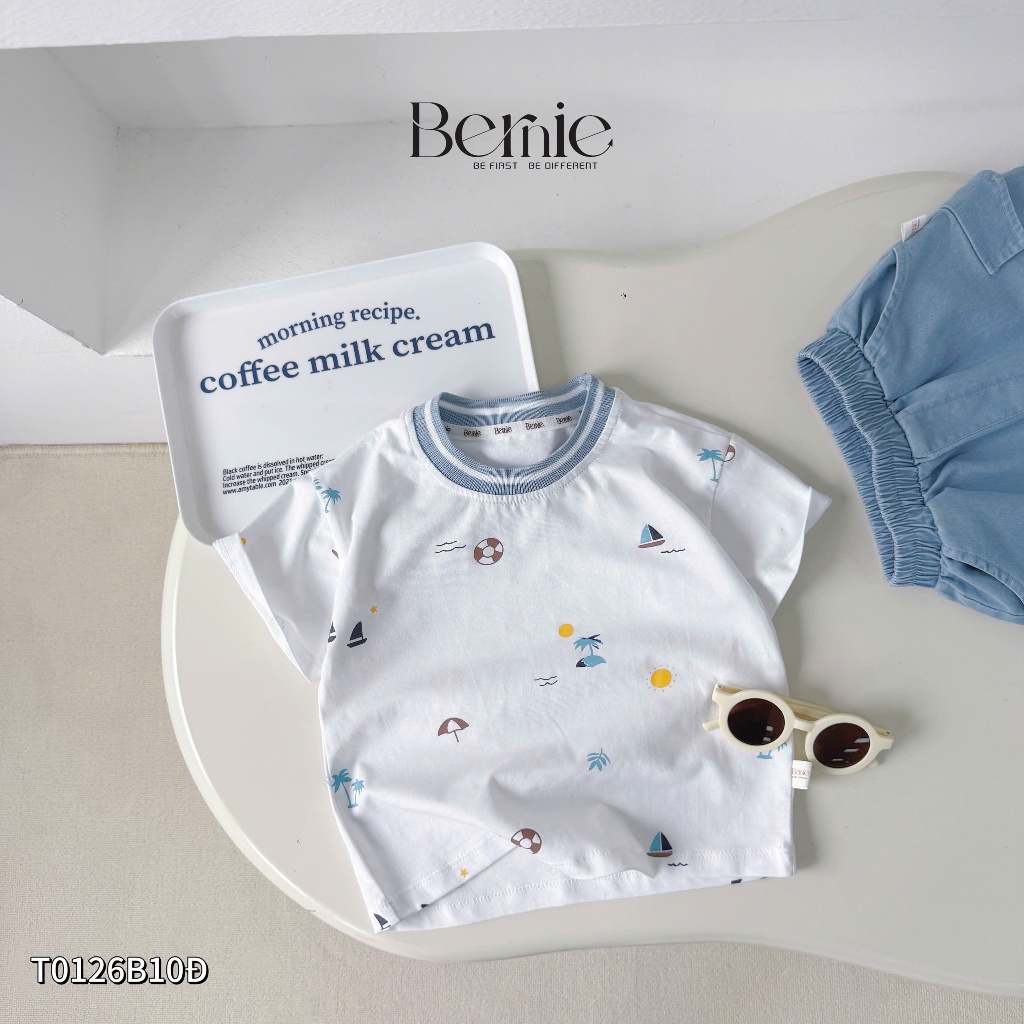 Bộ cotton cộc tay in tràn hoạ tiết summer bé trai, bộ thun cổ tròn phối quần bò cho bé