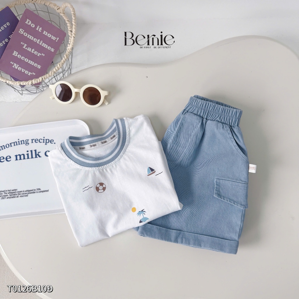 Bộ cotton cộc tay in tràn hoạ tiết summer bé trai, bộ thun cổ tròn phối quần bò cho bé