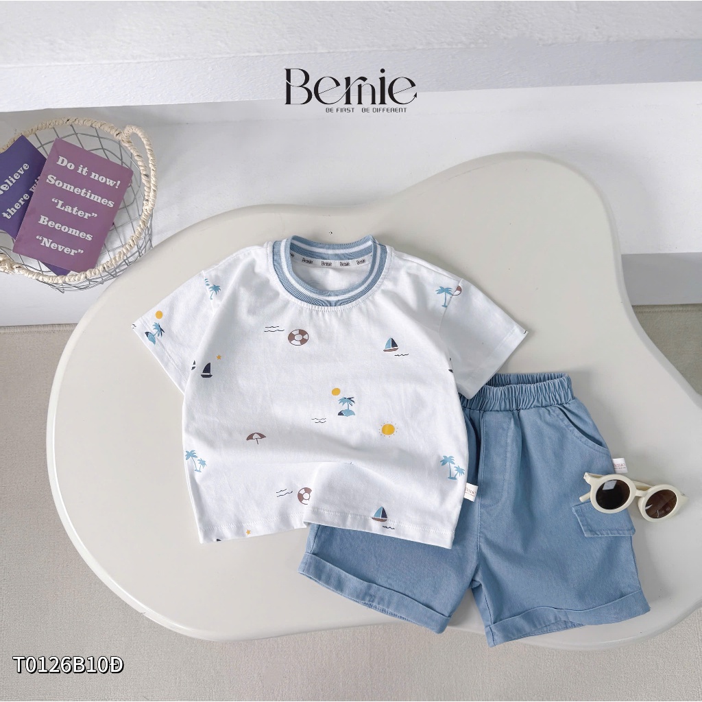 Bộ cotton cộc tay in tràn hoạ tiết summer bé trai, bộ thun cổ tròn phối quần bò cho bé