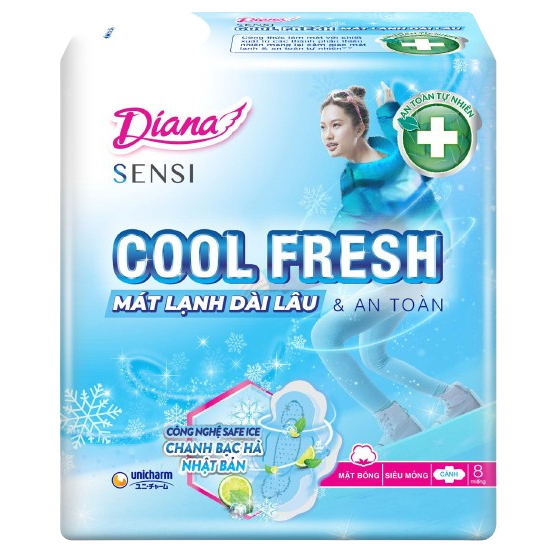 [Mặt Bông] Băng Vệ Sinh Ngày Diana Sensi Cool Fresh Mát Lạnh Bạc Hà Siêu Mỏng Cánh 23cm