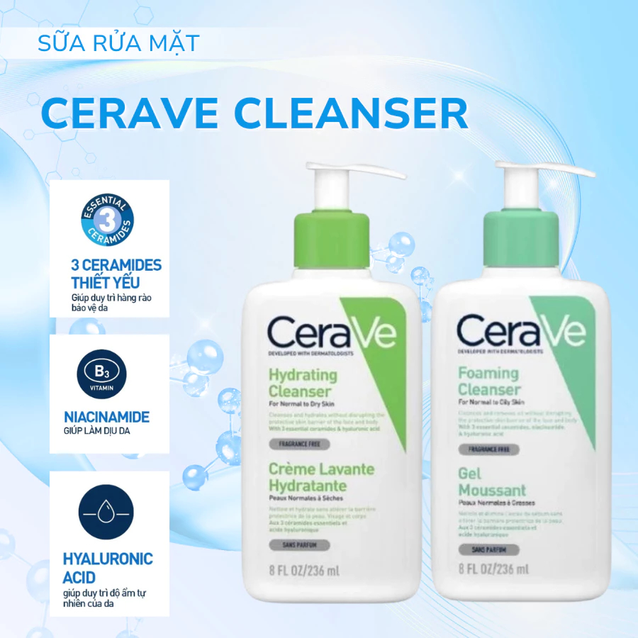 Sữa Rửa Mặt CeraVe Foaming Cleanser 236ml Chính Hãng Cho Da Dầu, Da Khô, Mụn Nhạy Cảm