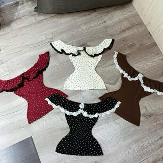 Áo trễ vai viền bèo phối ren tiểu thư dễ thương