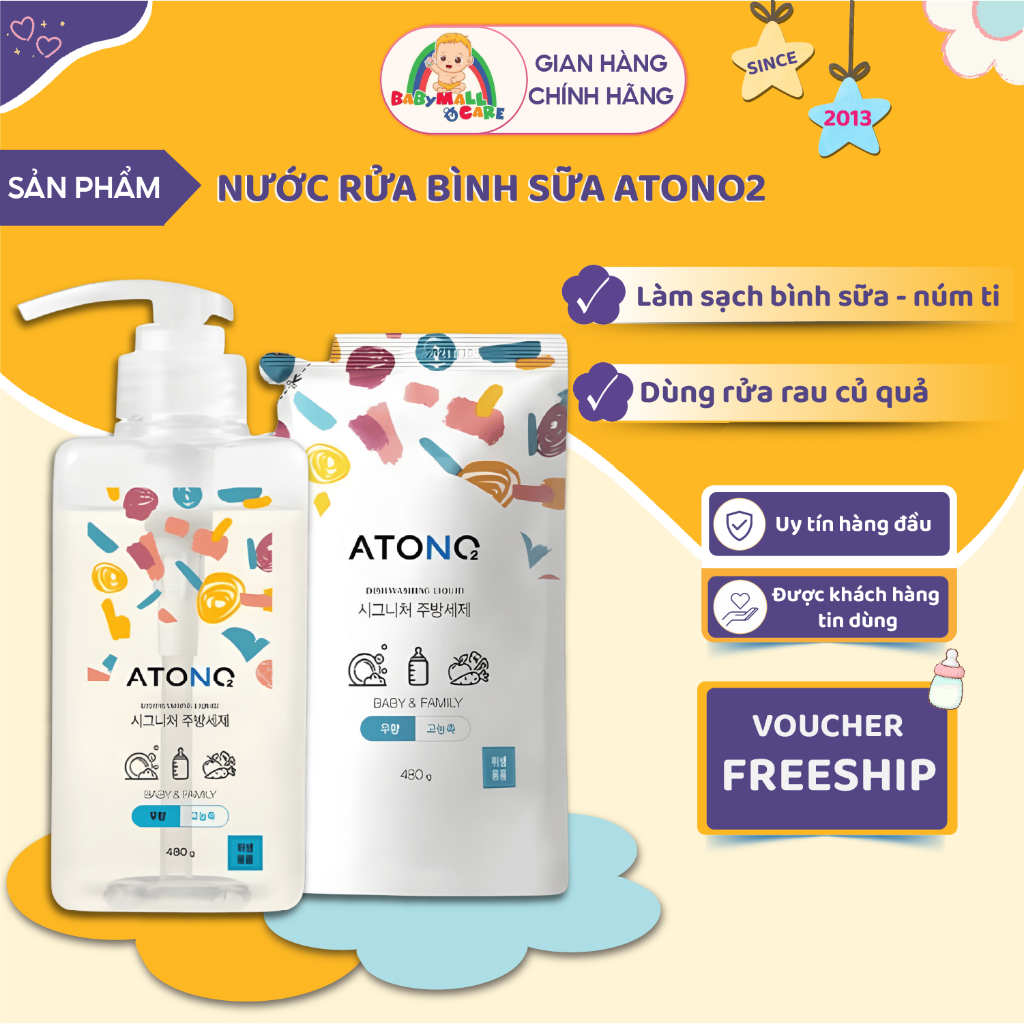 Nước Rửa Bình Sữa Atono2 480ml Làm Sạch Dịu Nhẹ Dụng Cụ Ăn Uống Rau Củ | Babymall & Care