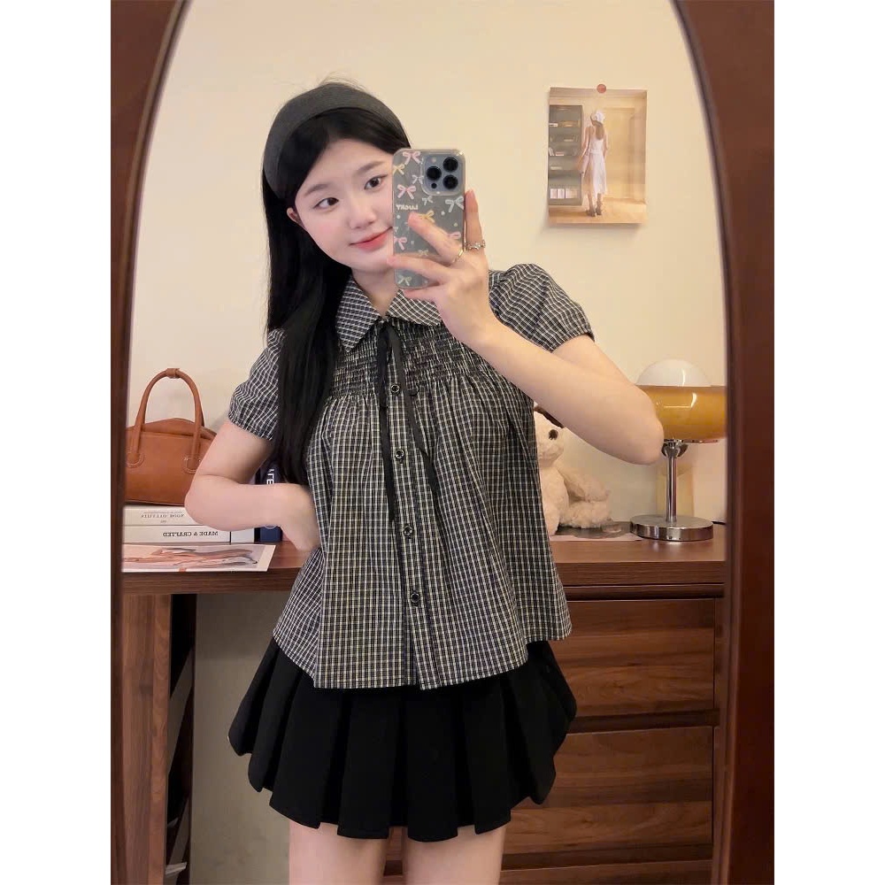 [Bigsize] Áo sơ mi nhún ngực buộc nơ A75, xinh xắn dễ thương đủ size 50-100kg
