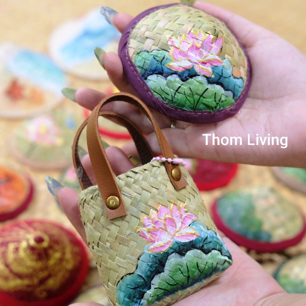 Set Charm nón + giỏ cỏ bàng vẽ hoa làm móc khóa quà tặng lưu niệm nhỏ xinh độc đáo