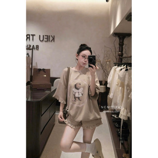 Set gấu phối quần đùi kẻ