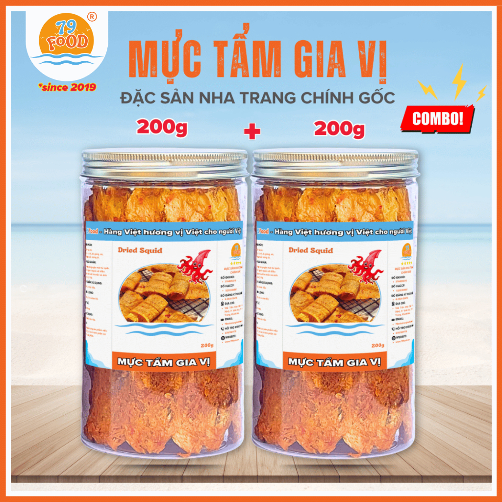 Combo 2 hũ Khô Mực Cán Tẩm Gia Vị Nguyên Miếng (tổng 400g) đặc sản Nha Trang chính gốc 79Food