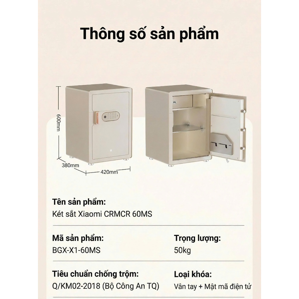 Két Sắt Xiaomi CRMCR Thông Minh 60MS Mở Cửa Tự Động Kết Nối APP Điện Thoại