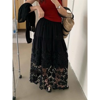 Chân váy dáng dài Midi lưng chun tà váy phối lưới ren hoa phong cách thanh lịch hàng Quảng Châu.