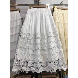 Chân váy dáng dài Midi lưng chun tà váy phối lưới ren hoa phong cách thanh lịch hàng Quảng Châu.