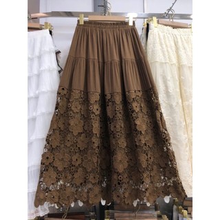 Chân váy dáng dài Midi lưng chun tà váy phối lưới ren hoa phong cách thanh lịch hàng Quảng Châu.