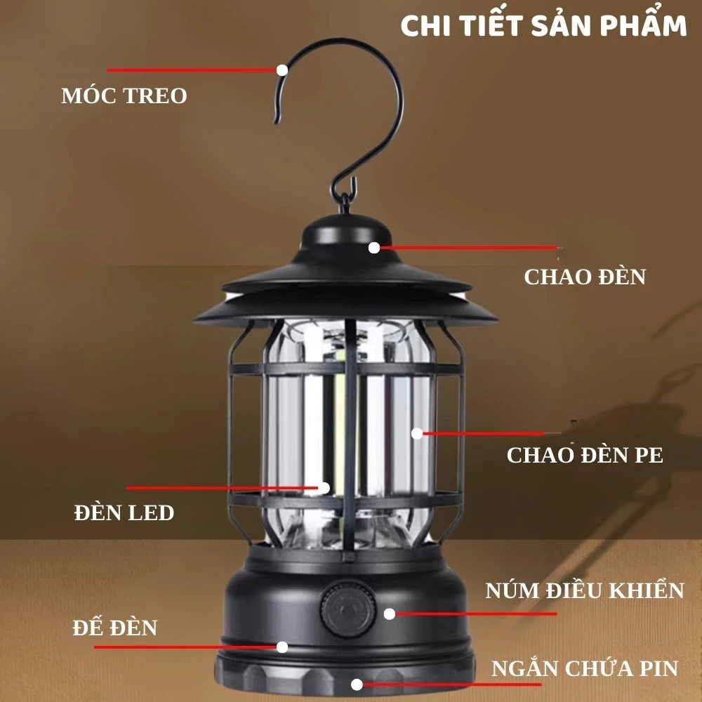 Đèn tích điện camping dã ngoại du lịch, đèn decor dùng pin sạc tích điện có móc treo chống nước