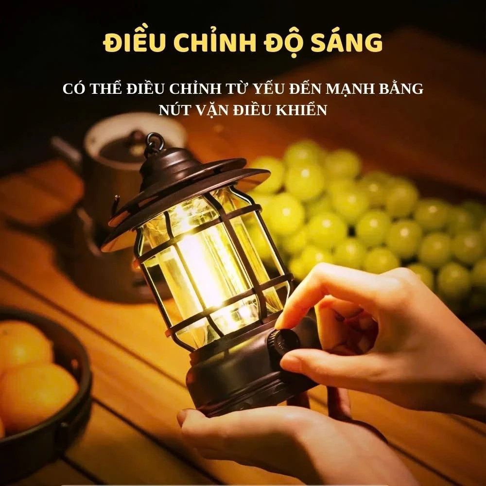 Đèn tích điện camping dã ngoại du lịch, đèn decor dùng pin sạc tích điện có móc treo chống nước