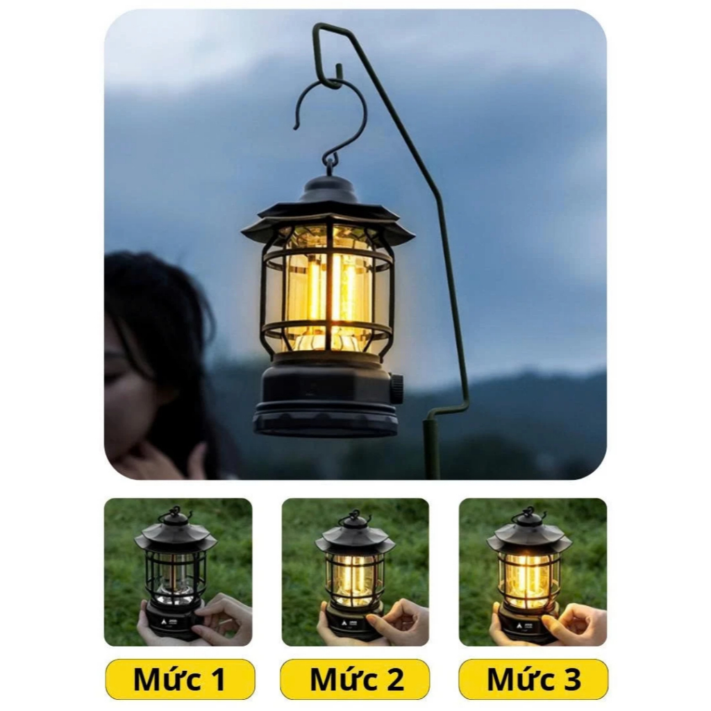 Đèn tích điện camping dã ngoại du lịch, đèn decor dùng pin sạc tích điện có móc treo chống nước