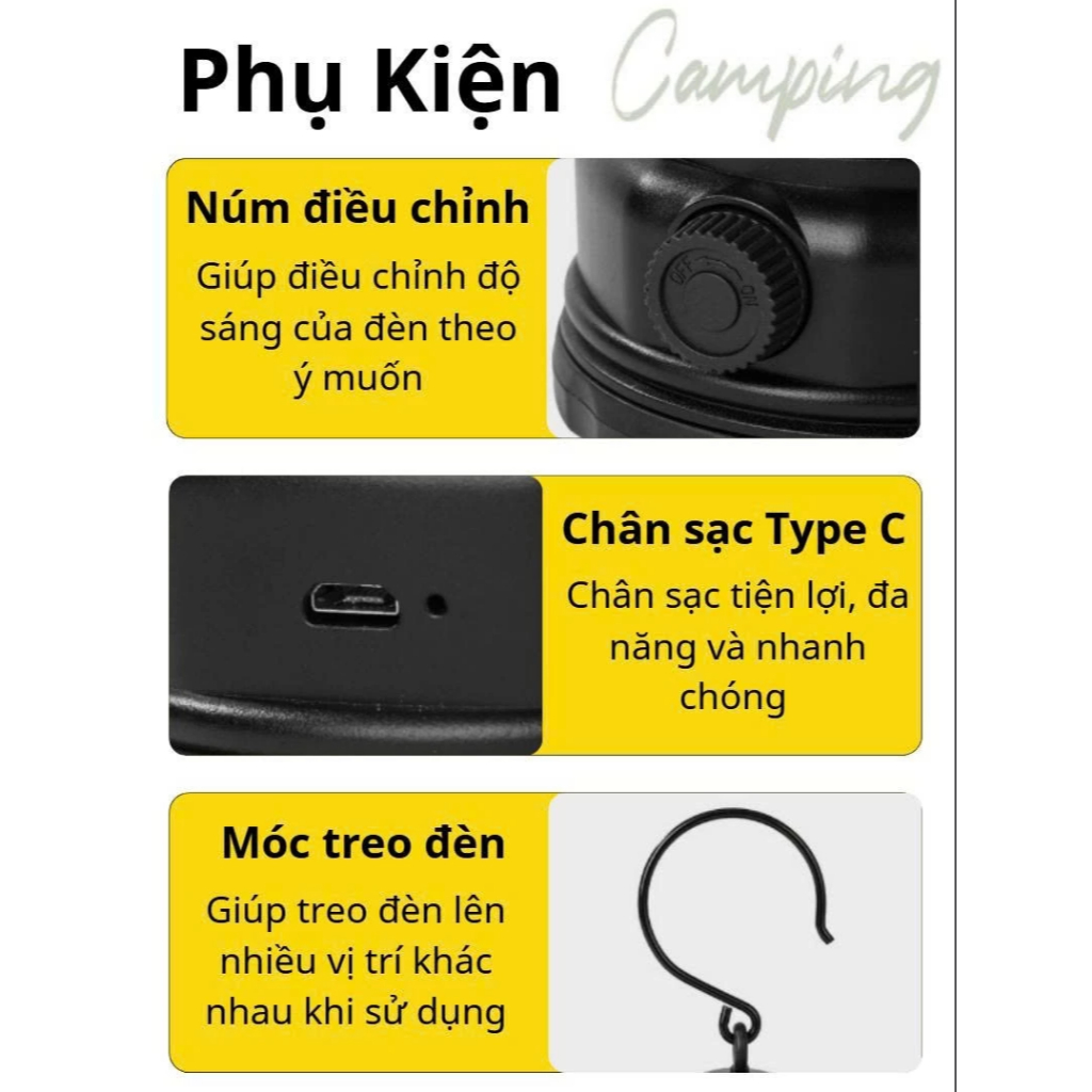 Đèn tích điện camping dã ngoại du lịch, đèn decor dùng pin sạc tích điện có móc treo chống nước