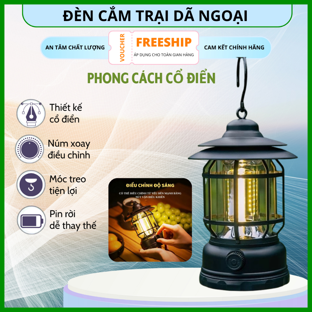 Đèn tích điện camping dã ngoại du lịch, đèn decor dùng pin sạc tích điện có móc treo chống nước