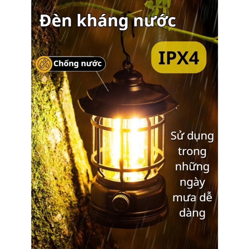 Đèn tích điện camping dã ngoại du lịch, đèn decor dùng pin sạc tích điện có móc treo chống nước