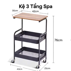 KỆ SPA ĐẨY 3 TẦNG MẶT BÀN GỖ CÓ BÁNH XE