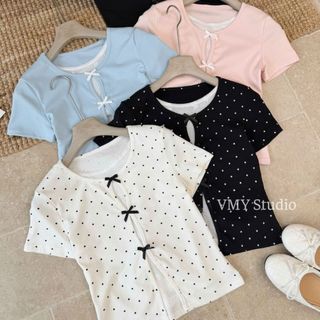 VMY Studio - Áo croptop thắt nơ cổ tròn tay ngắn có áo trong xinh xắn, áo thun cổ tròn mix nơ nhiều màu nữ