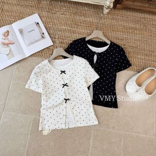 VMY Studio - Áo croptop thắt nơ cổ tròn tay ngắn có áo trong xinh xắn, áo thun cổ tròn mix nơ nhiều màu nữ
