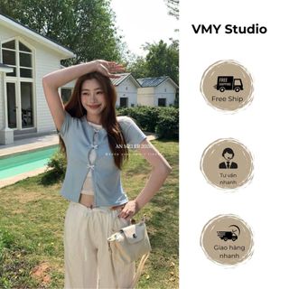 VMY Studio - Áo croptop thắt nơ cổ tròn tay ngắn có áo trong xinh xắn, áo thun cổ tròn mix nơ nhiều màu nữ