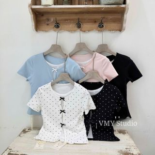 VMY Studio - Áo croptop thắt nơ cổ tròn tay ngắn có áo trong xinh xắn, áo thun cổ tròn mix nơ nhiều màu nữ