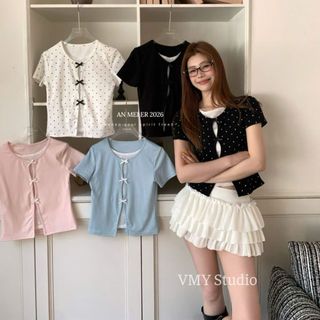 VMY Studio - Áo croptop thắt nơ cổ tròn tay ngắn có áo trong xinh xắn, áo thun cổ tròn mix nơ nhiều màu nữ