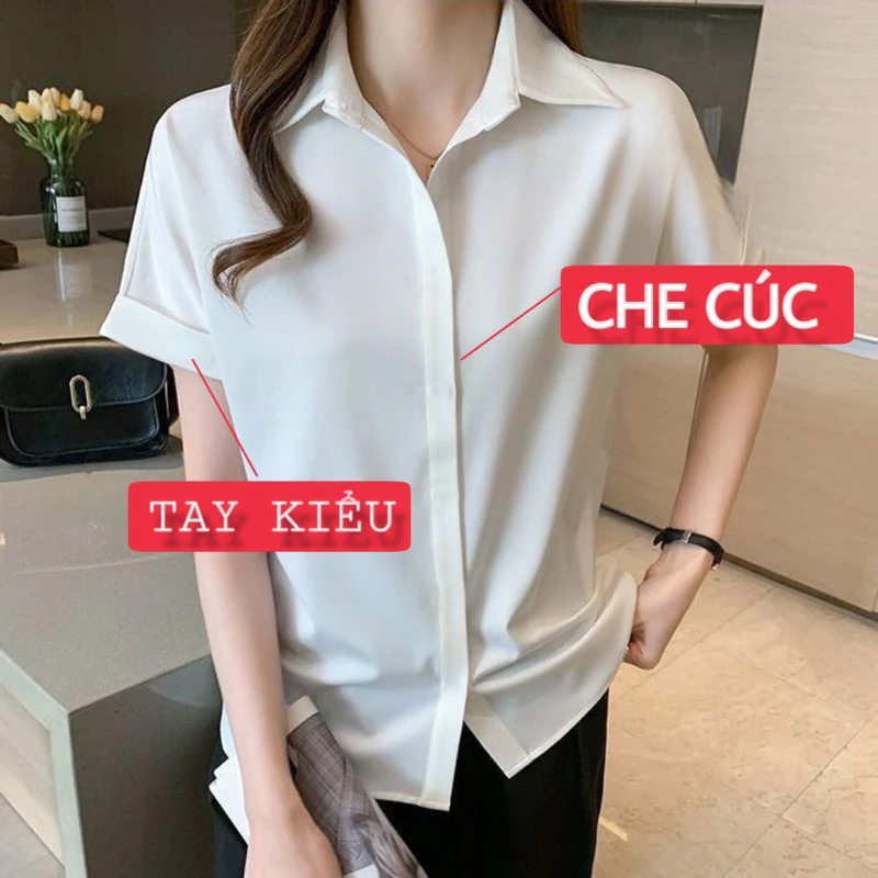 [Peinn] Áo sơ mi trắng tay ngắn nữ giấu nút from rộng