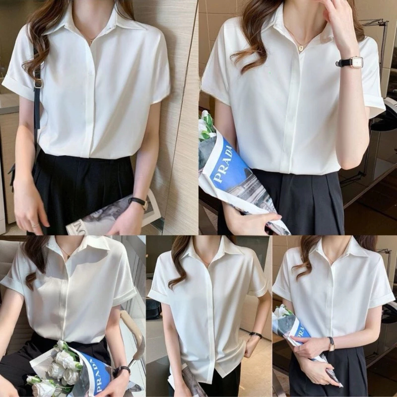 [Peinn] Áo sơ mi trắng tay ngắn nữ giấu nút from rộng
