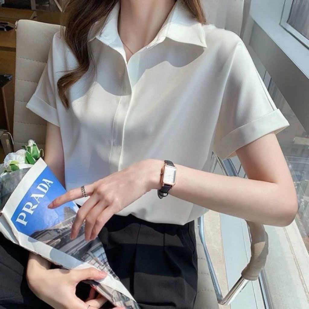 [Peinn] Áo sơ mi trắng tay ngắn nữ giấu nút from rộng