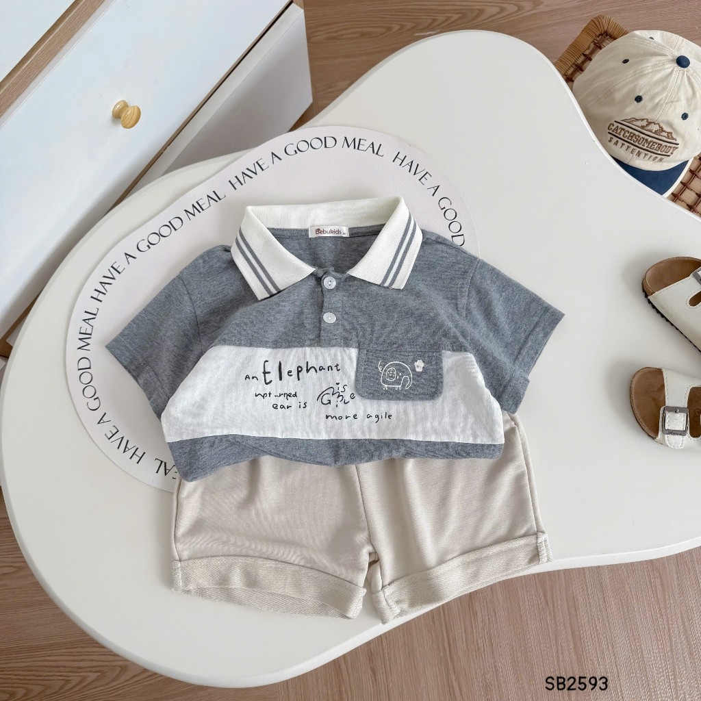 Set polo cộc tay in hình chú voi Bebukids thiết kể cổ nổi bật,thân áo phối màu cá tính cho bé 8-21kg