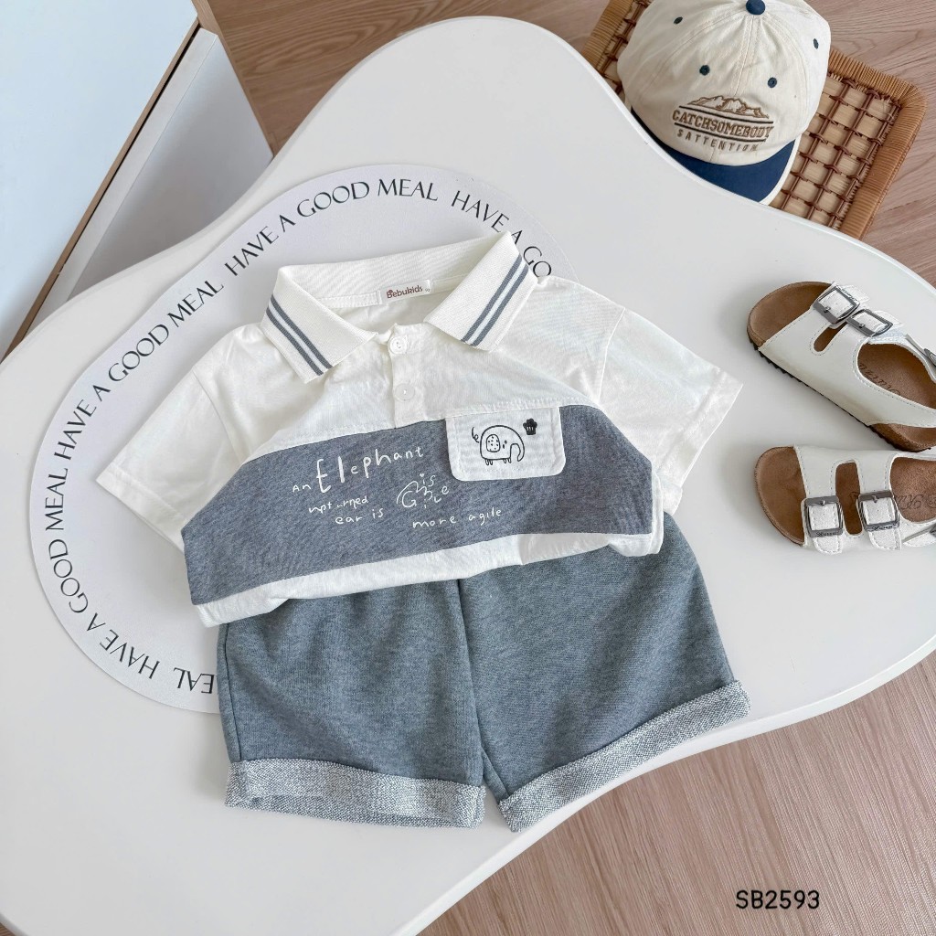 Set polo cộc tay in hình chú voi Bebukids thiết kể cổ nổi bật,thân áo phối màu cá tính cho bé 8-21kg