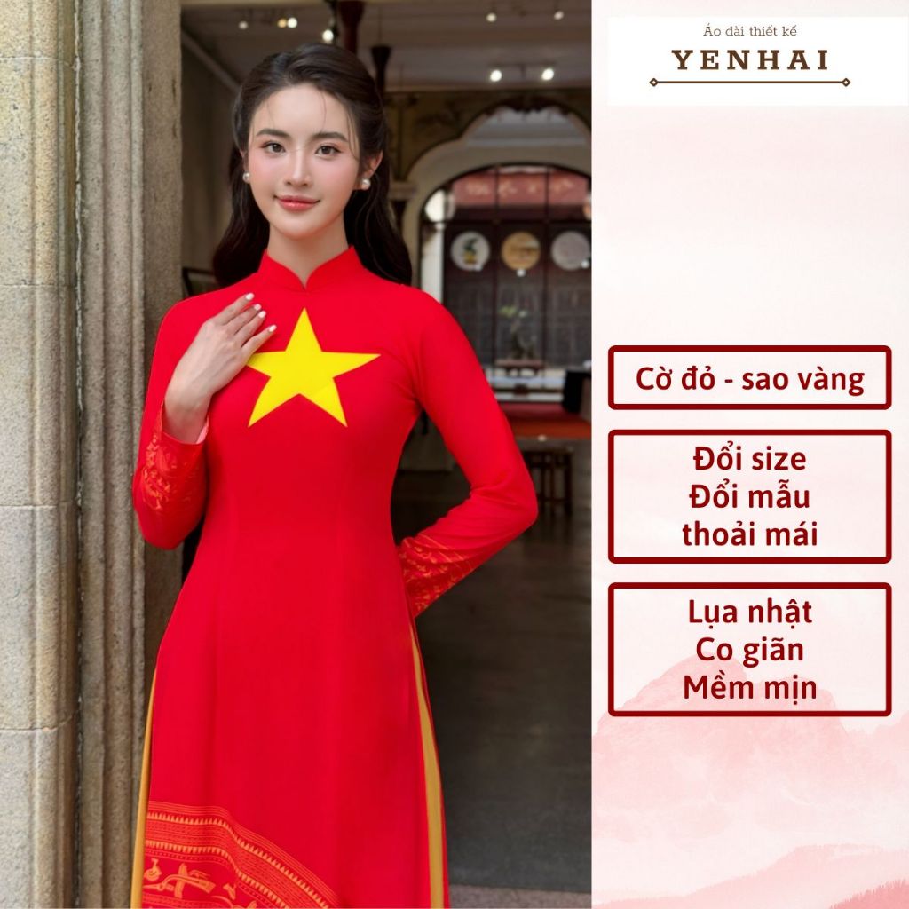 Áo dài cờ đỏ sao vàng dáng truyền thống in họa tiết trống đồng mặc đồng phục biểu diễn đẹp - 3DCD