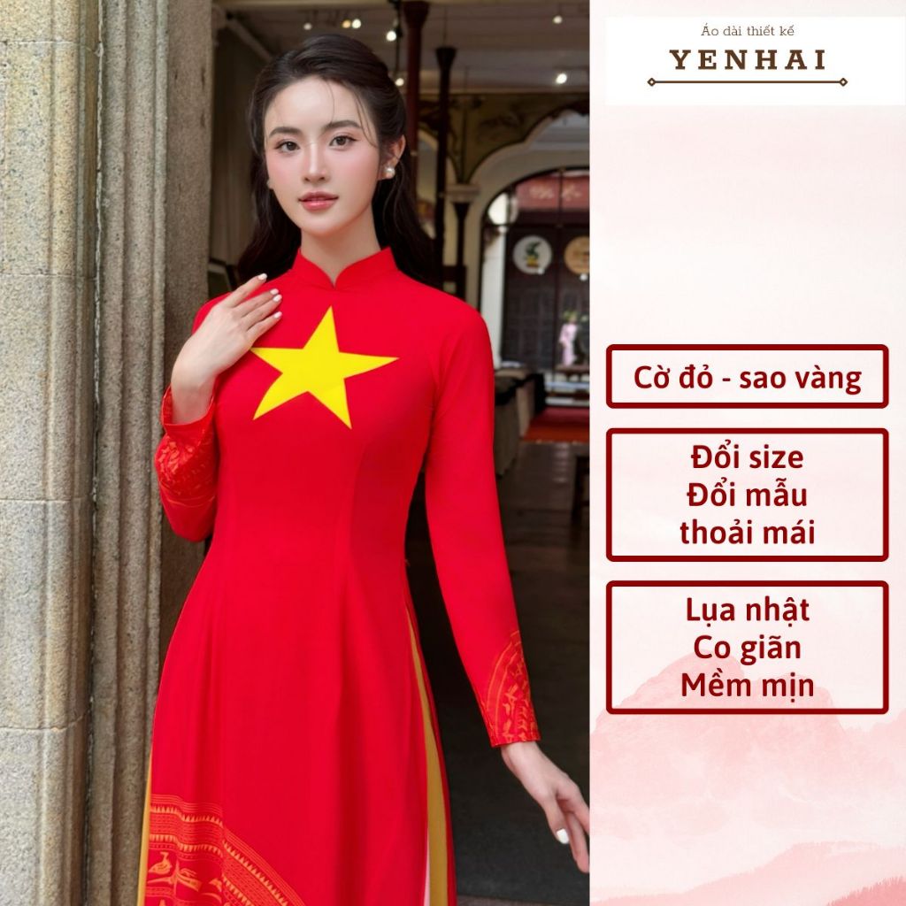 Áo dài cờ đỏ sao vàng dáng truyền thống in họa tiết trống đồng mặc đồng phục biểu diễn đẹp - 3DCD
