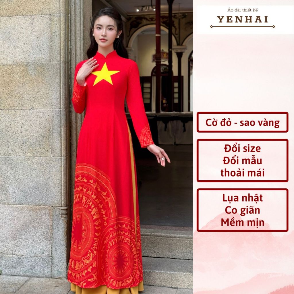 Áo dài cờ đỏ sao vàng dáng truyền thống in họa tiết trống đồng mặc đồng phục biểu diễn đẹp - 3DCD