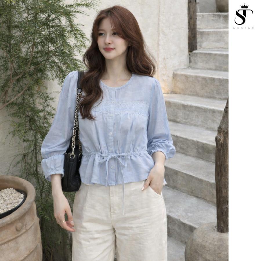 Áo sơ mi cách điệu rút eo viền ren tay bồng xinh xắn hai màu trắng, xanh - ST Design - 57
