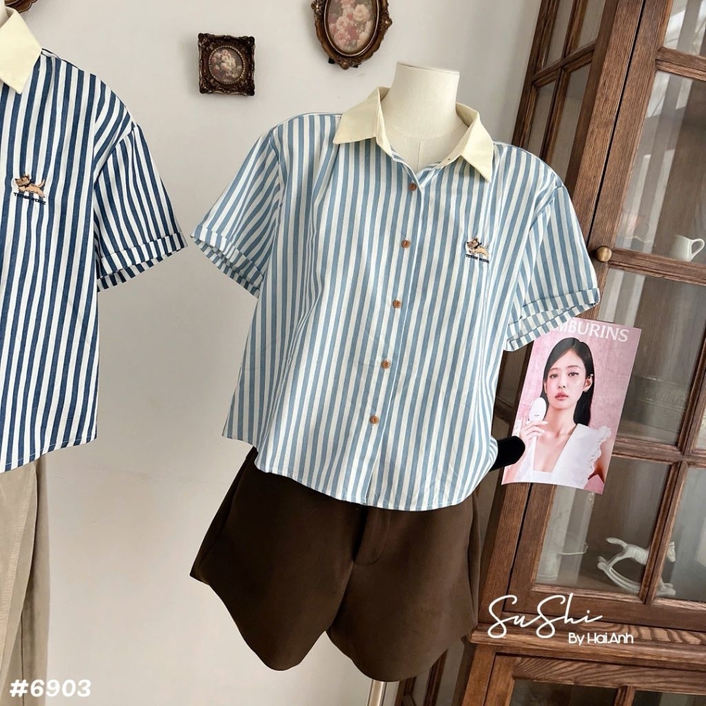 [𝑯𝒂 𝑨𝒏𝒉] Áo Sơ Mi Cộc Pha Cổ Sắn Gấu Tay QCL1
