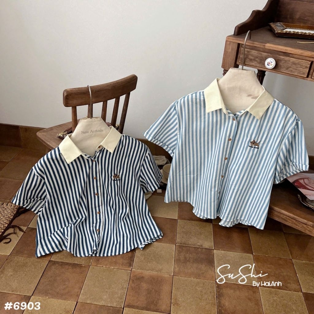 [𝑯𝒂 𝑨𝒏𝒉] Áo Sơ Mi Cộc Pha Cổ Sắn Gấu Tay QCL1