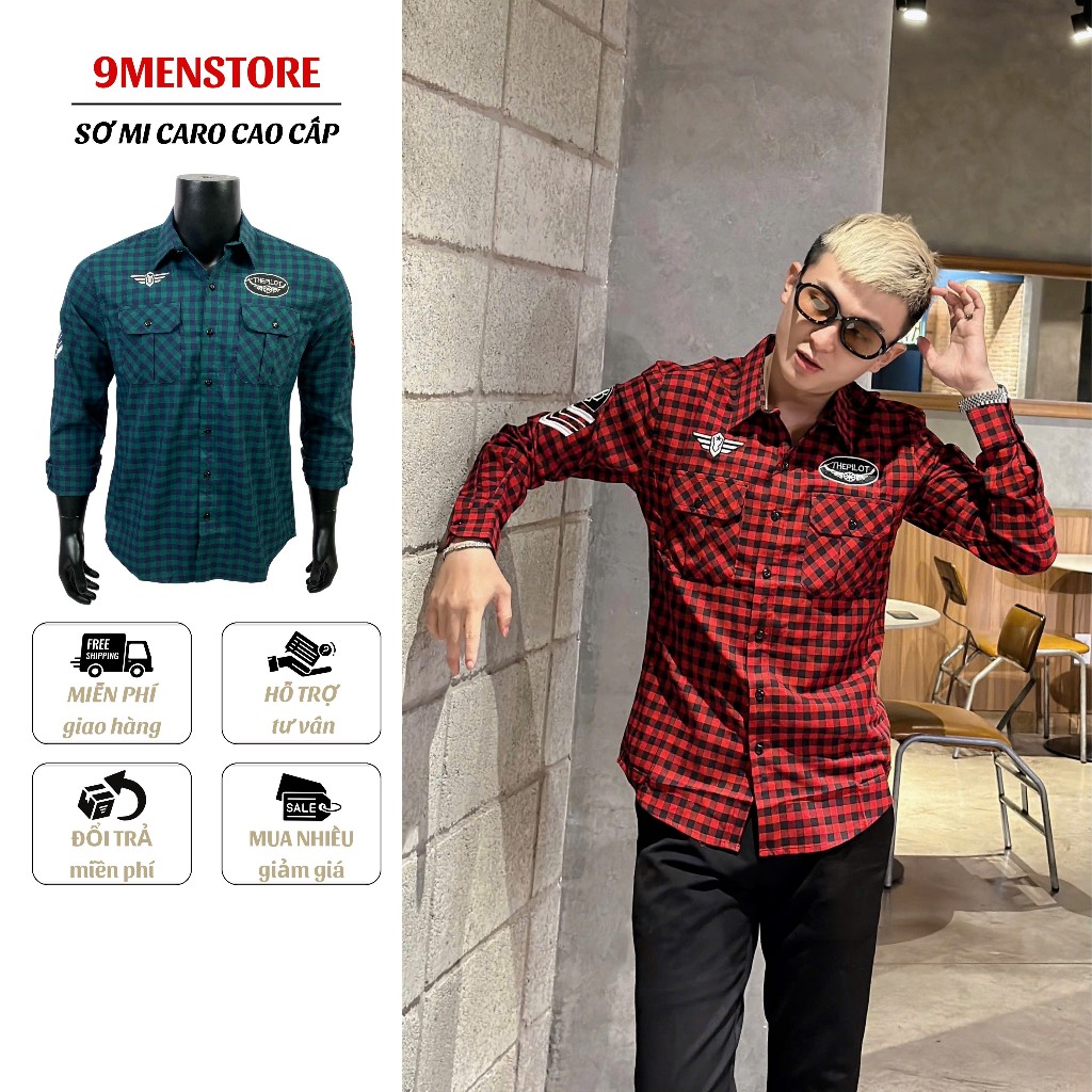 Sơ Mi Tay Dài Nam Cao Cấp Họa Tiết Caro Hình Thêu Mạnh Mẽ Phong Cách Đường Phố Menswear 6012